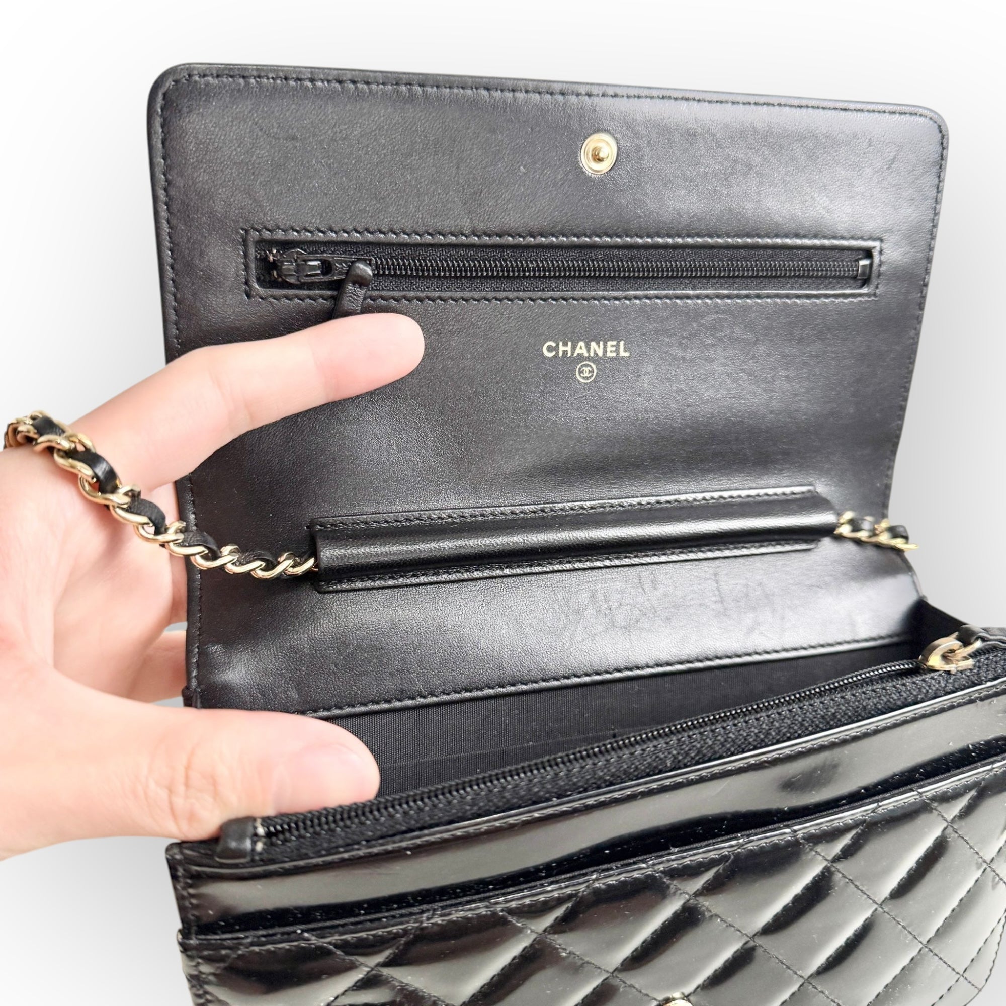 Chanel Classic Leboy Wallet on Chain, Black Diamond Quilted Patent Leather, Gold-tone Hardware