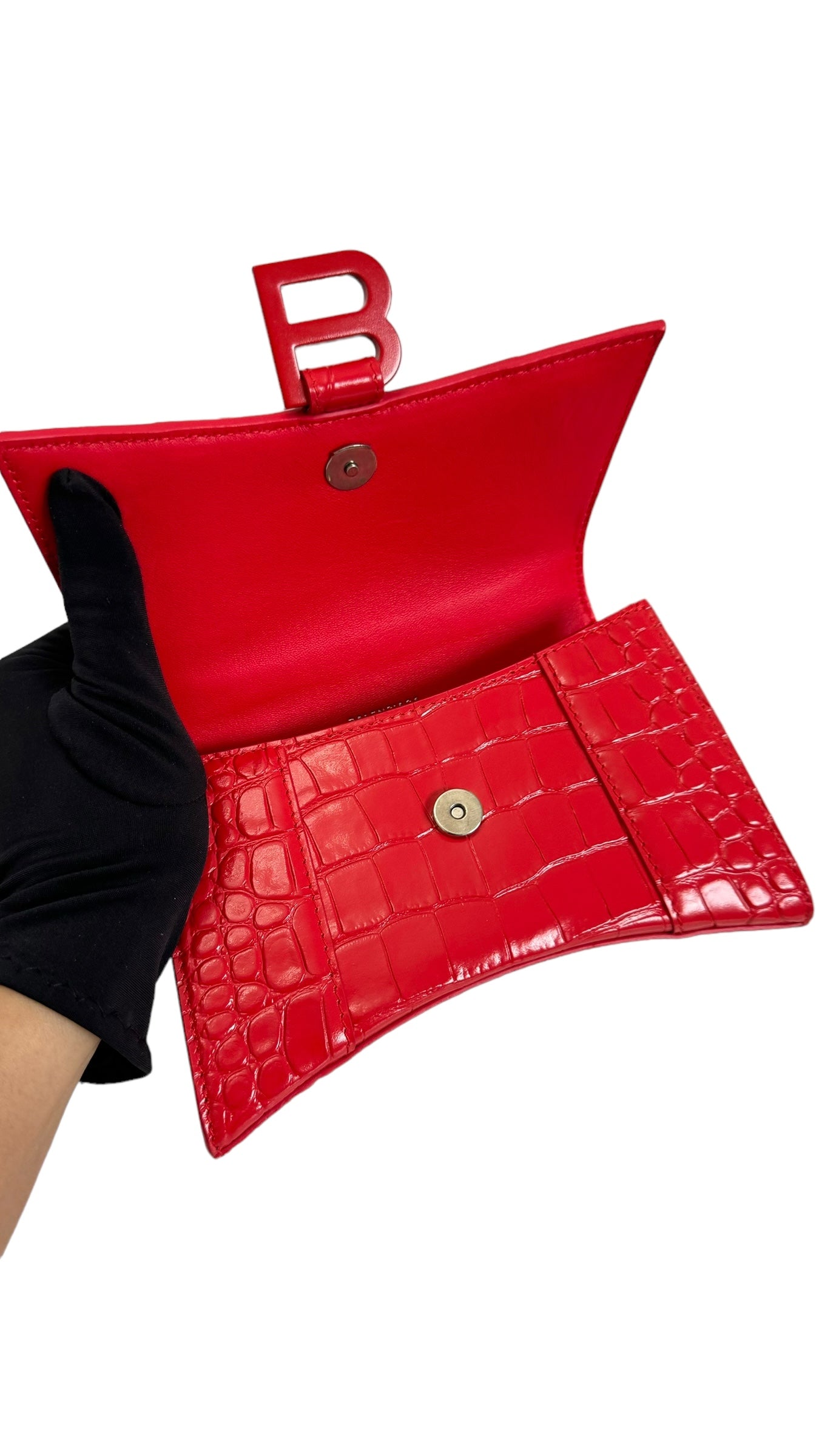 Balenciaga Hourglass XS Handbag,  Lipstick Red Croc-Embossed Calfskin, Red Enamel-plated Hardware