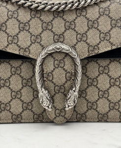 Gucci Dionysus Small, Beige GG Supreme, Black Suede, Crystal and Silver-tone Tiger Head Closure and Hardware