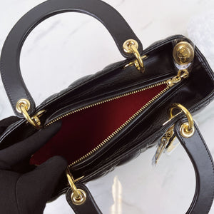 Christian Dior Lady Dior Medium, Black Lambskin Gold-tone Hardware