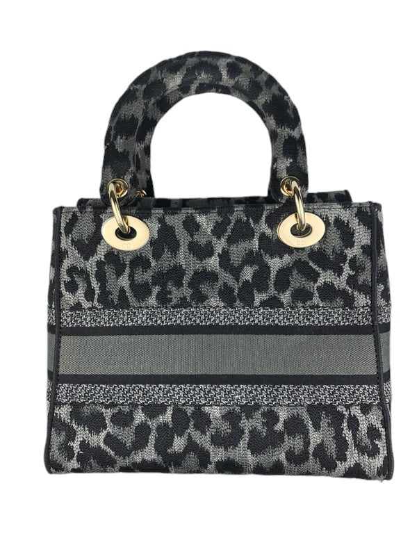 Christian Dior Lady D-Lite Medium Grey and Black Leopard Pattern Mizza Embroidery  Gold-tone Hardware