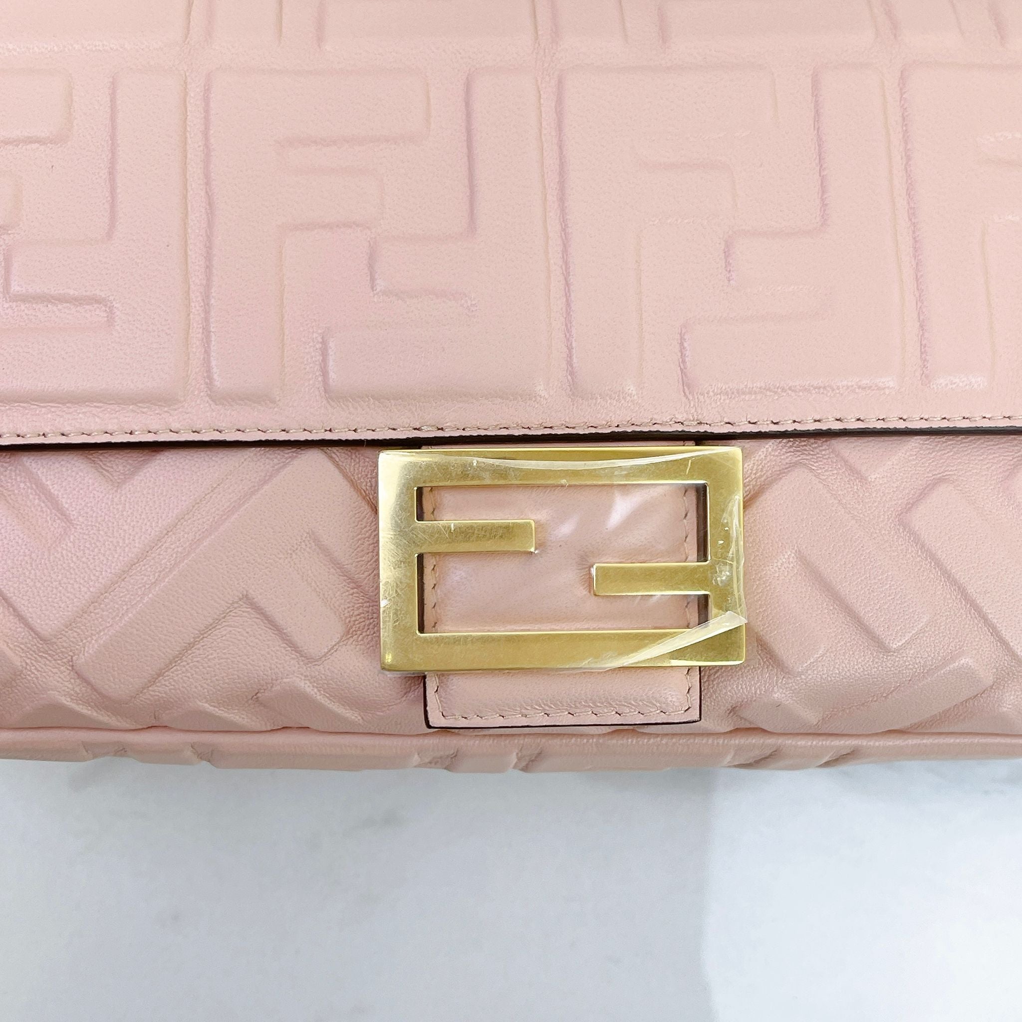 Fendi Medium Nappa FF 1974 Embossed Baguette Rose Pink, Gold-tone Hardware