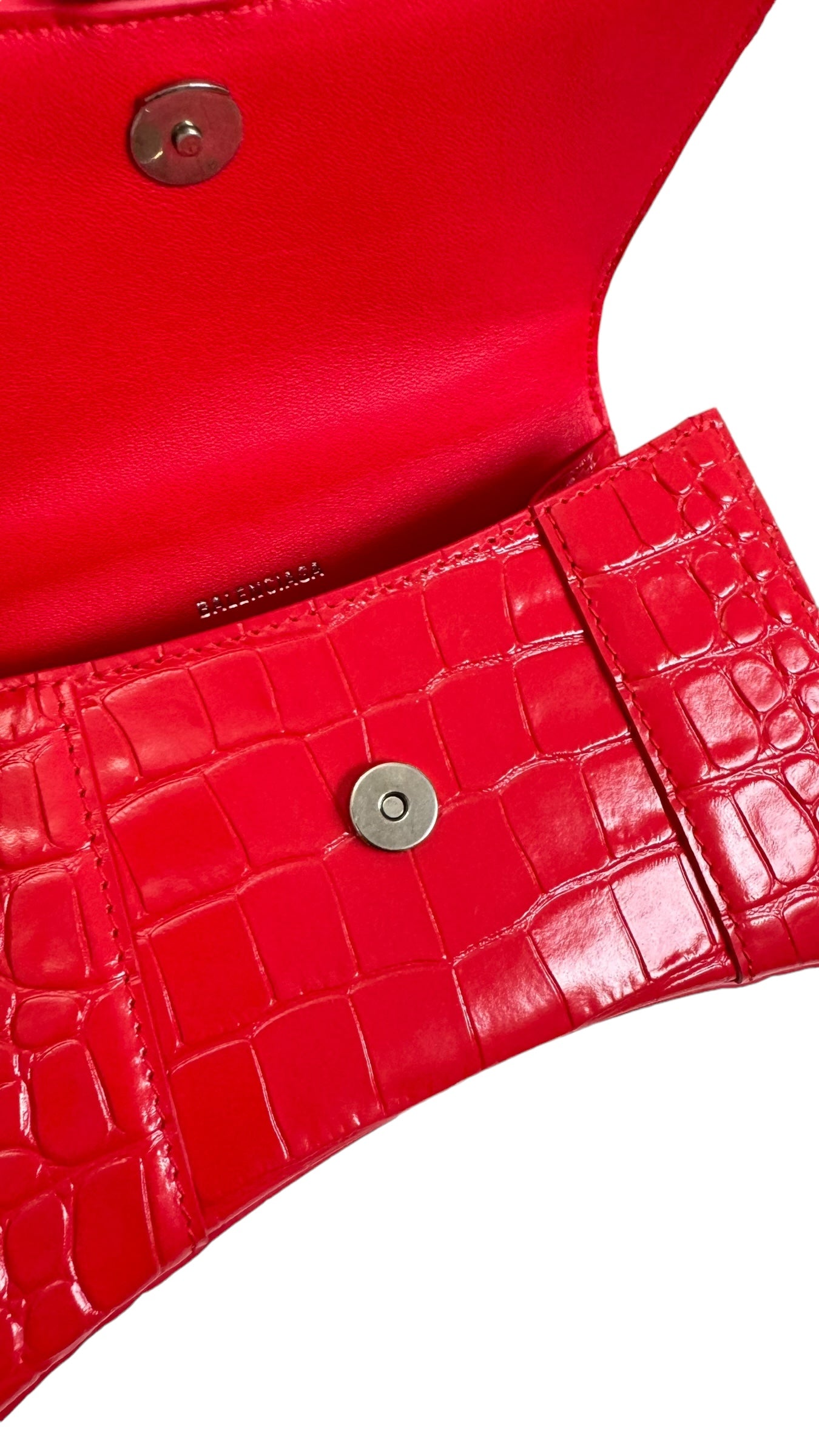 Balenciaga Hourglass XS Handbag,  Lipstick Red Croc-Embossed Calfskin, Red Enamel-plated Hardware