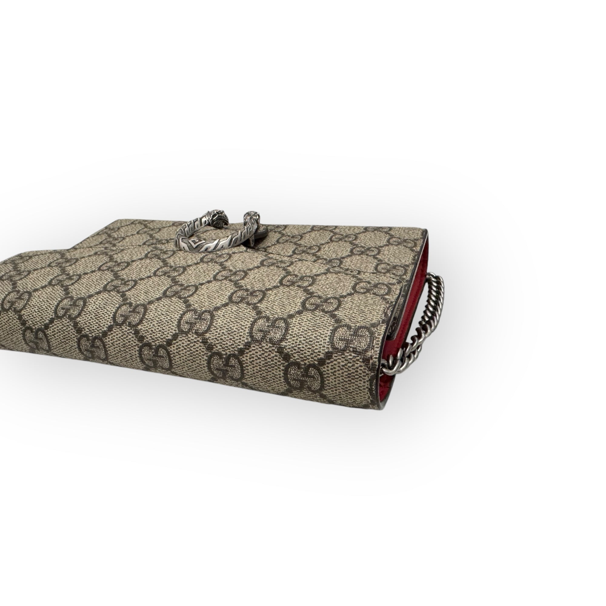 Gucci Dionysus Ebony/Beige GG Supreme Wallet on Chain, Silver-toned Hardware, Red Interior