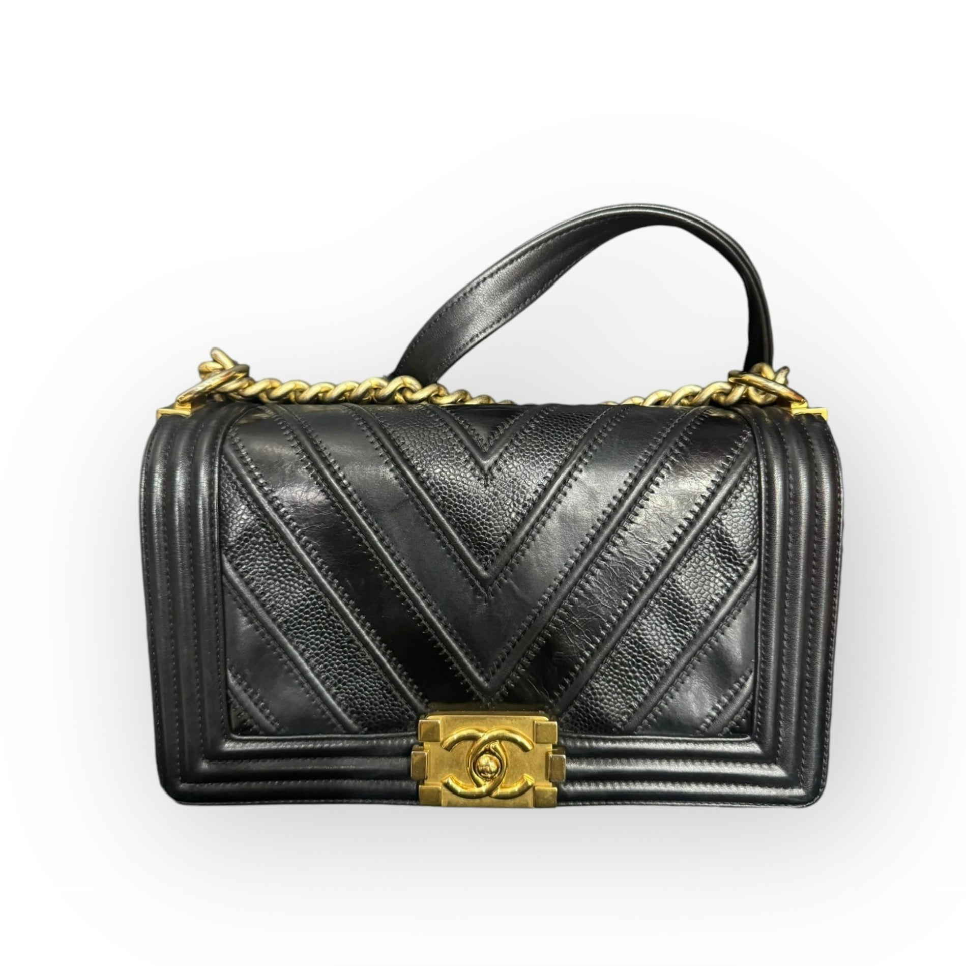 Chanel Leboy Old Medium Mixed Leather Navy Chevron Quilted Gold-tone Hardware