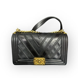 Chanel Leboy Old Medium Mixed Leather Navy Chevron Quilted Gold-tone Hardware