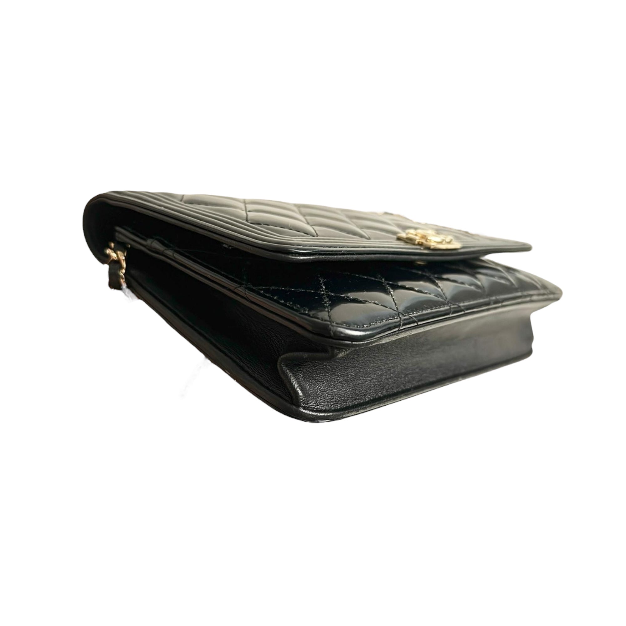 Chanel Classic Leboy Wallet on Chain, Black Diamond Quilted Patent Leather, Gold-tone Hardware