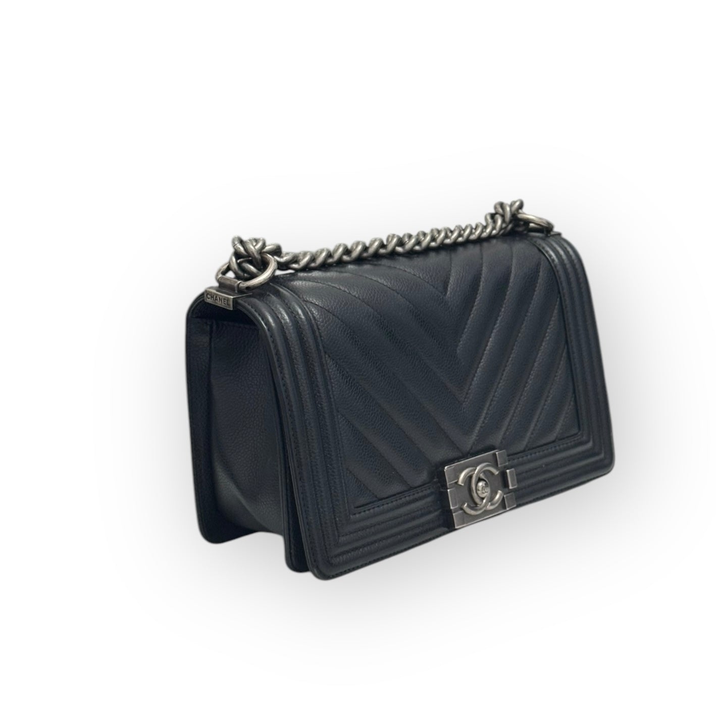 Chanel Leboy Old Medium Black Caviar / Grained Calfskin Leather, Chevron, Ruthenium Hardware