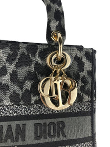 Christian Dior Lady D-Lite Medium Grey and Black Leopard Pattern Mizza Embroidery  Gold-tone Hardware