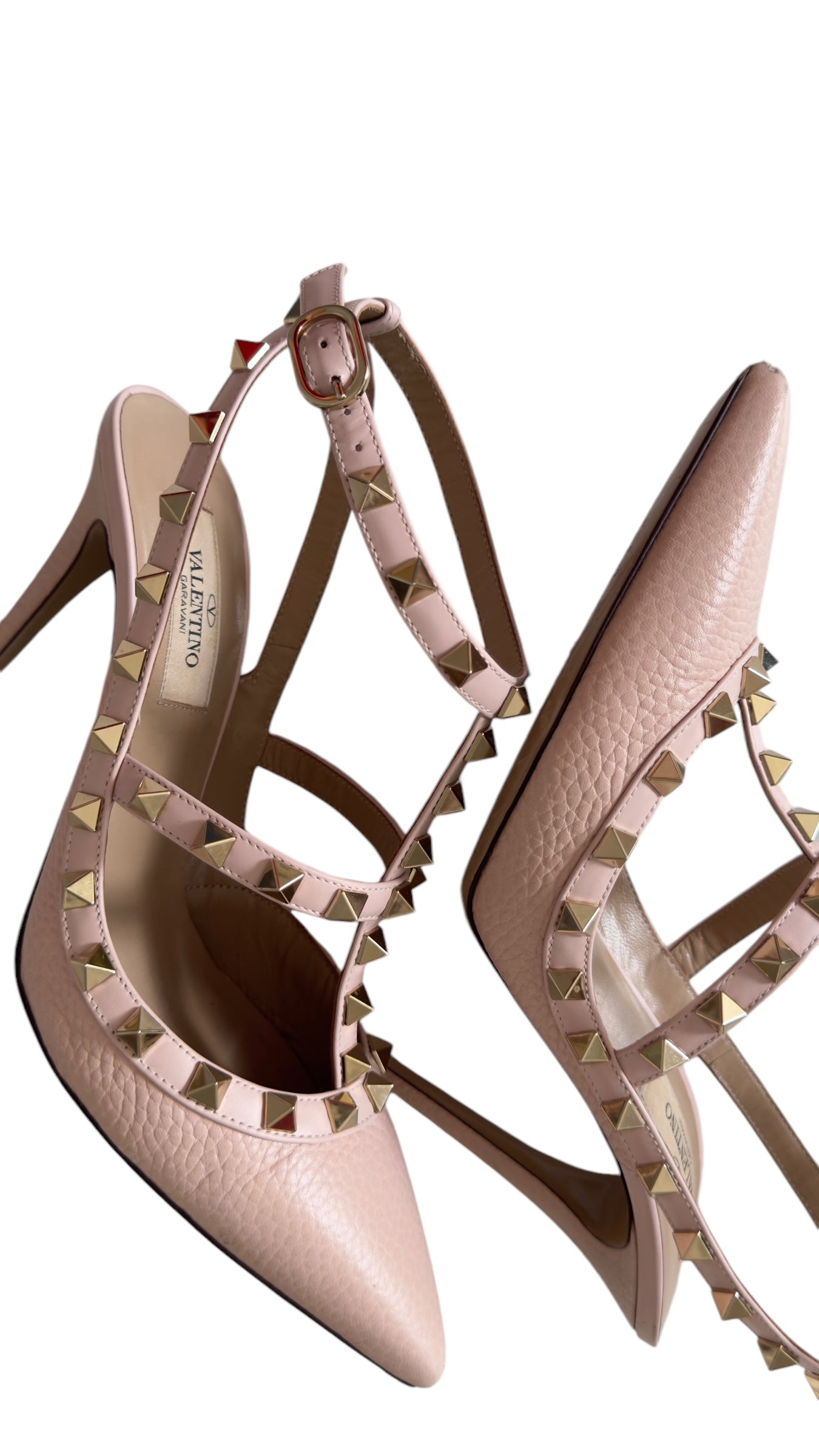 Valentino Garavani Rockstud Pink Grainy Leather Anke T- Strap Pumps 100mm