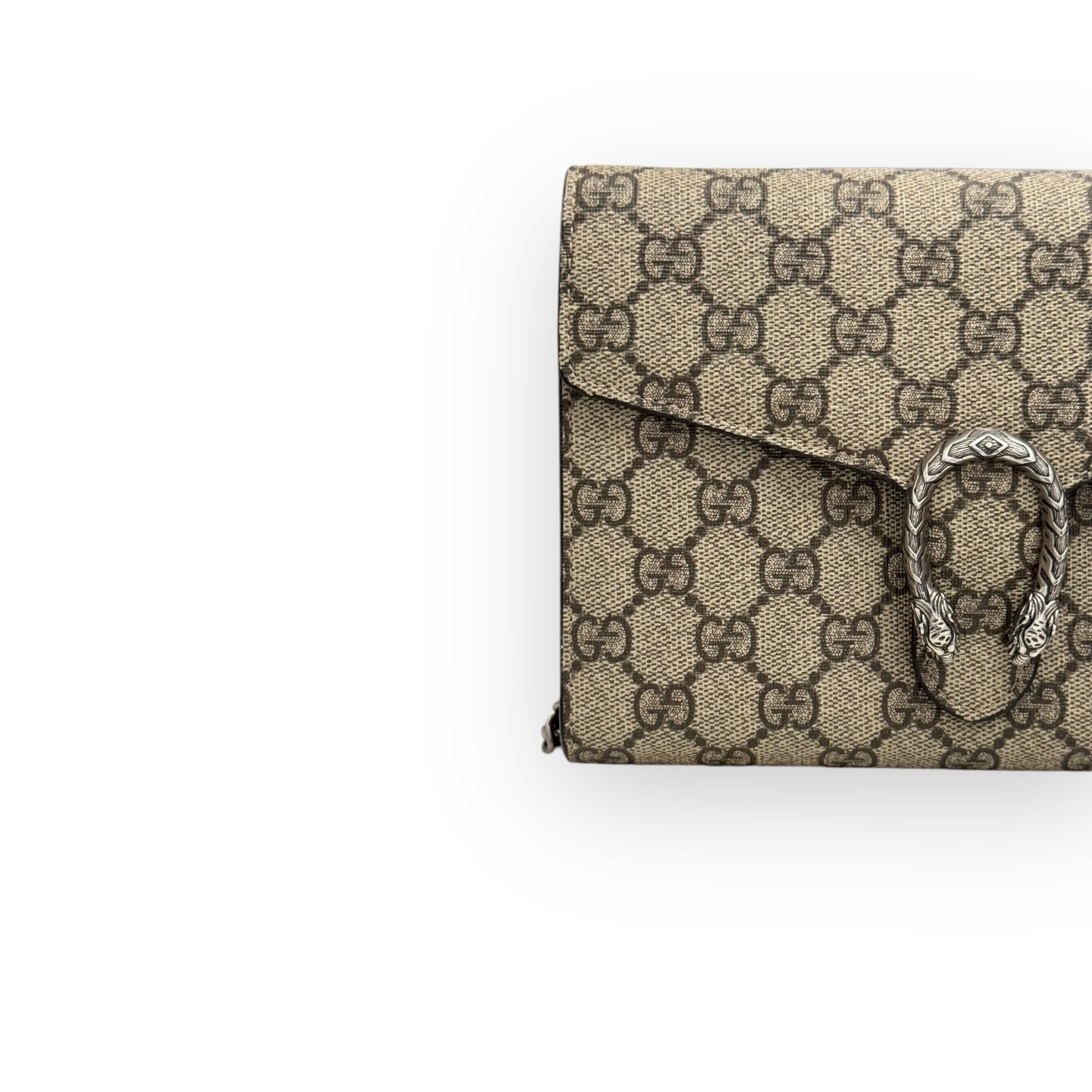 Gucci Dionysus Ebony/Beige GG Supreme Wallet on Chain WOC, Silver-toned Hardware, Red Interior