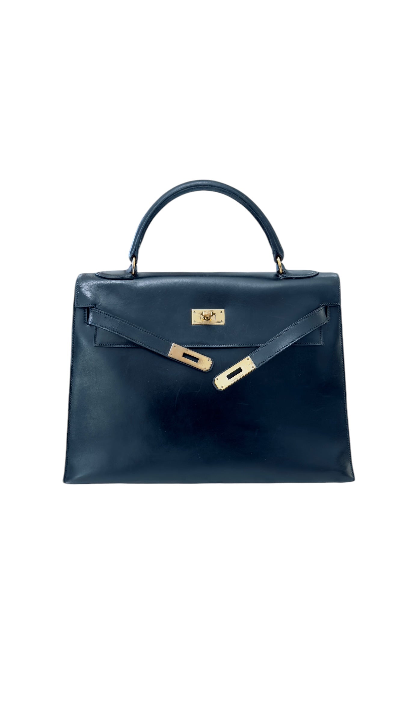 Hermes Kelly32 Sellier Vintage Black Box 24kt Plated-Gold Hardware