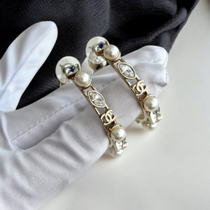 Chanel CC Faux Pearl And Crystal Hoop Earrings