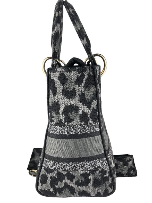 Christian Dior Lady D-Lite Medium Grey and Black Leopard Pattern Mizza Embroidery  Gold-tone Hardware