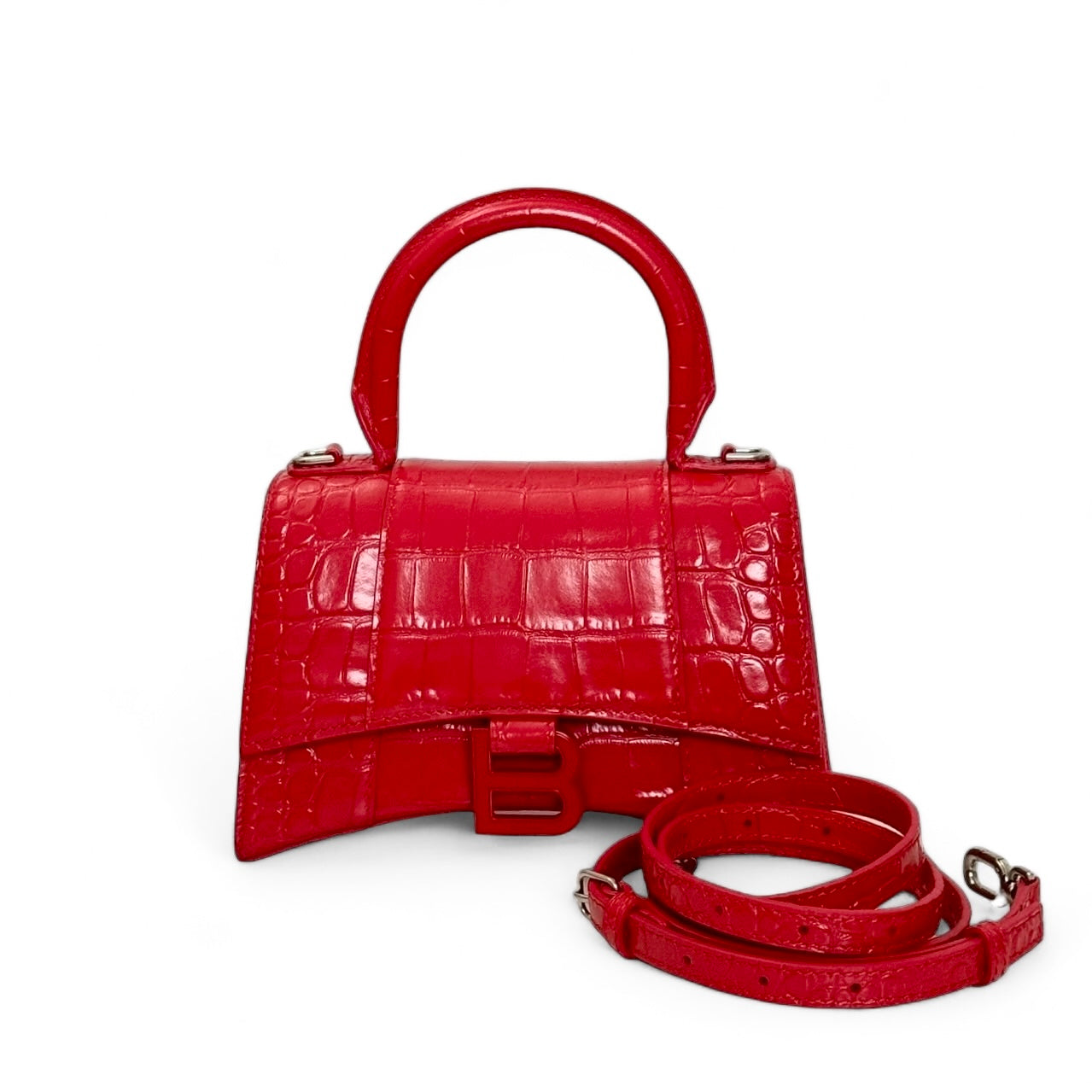 Balenciaga Hourglass XS Handbag,  Lipstick Red Croc-Embossed Calfskin, Red Enamel-plated Hardware