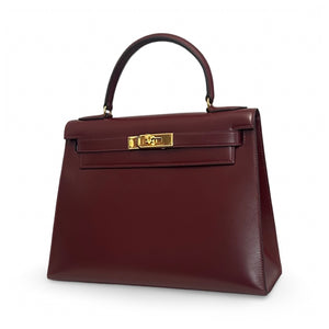 Hermes Vintage Kelly 28 Vintage Bordeaux Box Leather 24kt Gold-Plated Hardware