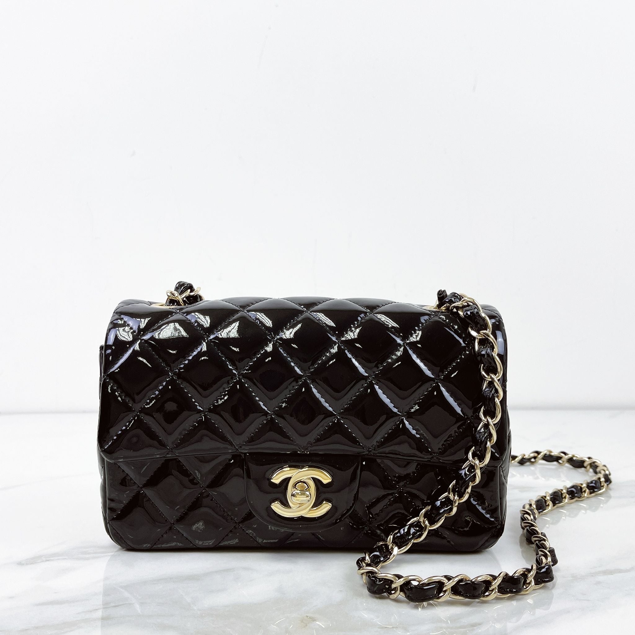 Chanel Classic Mini Black Patent Gold-tone Hardware