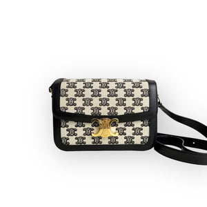 Celine Triomphe Classique/Medium Beige/Ivory Triomphe Canvass, Black Calfskin, Black Lambskin Interior, Gold-tone Hardware