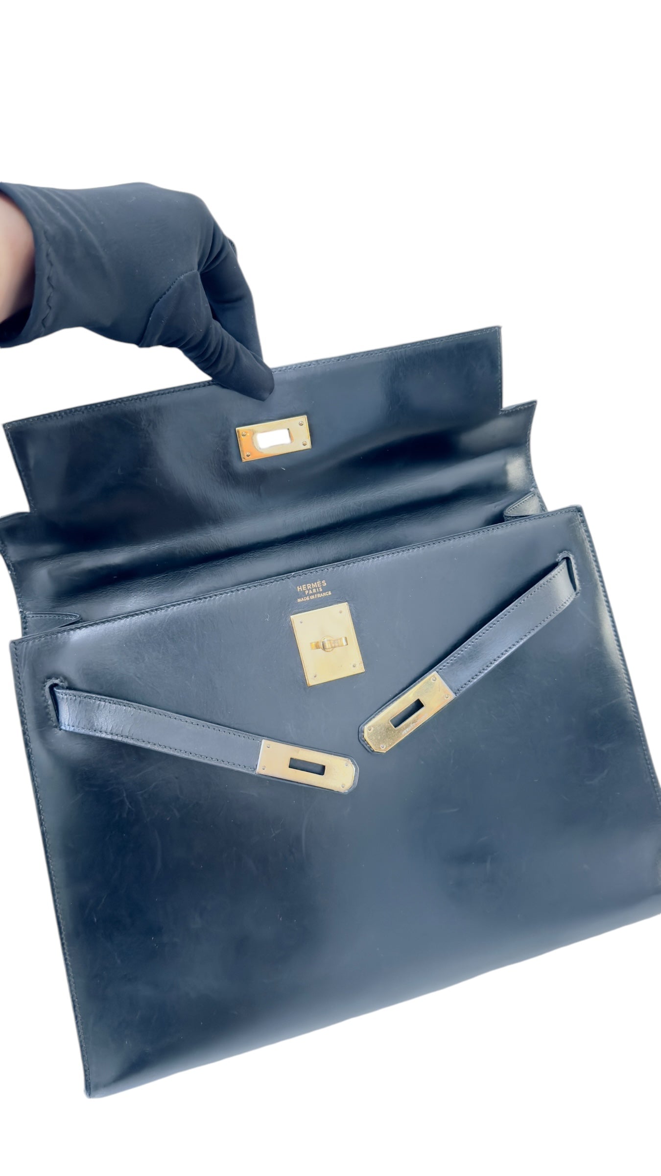 Hermes Kelly32 Sellier Vintage Black Box 24kt Plated-Gold Hardware