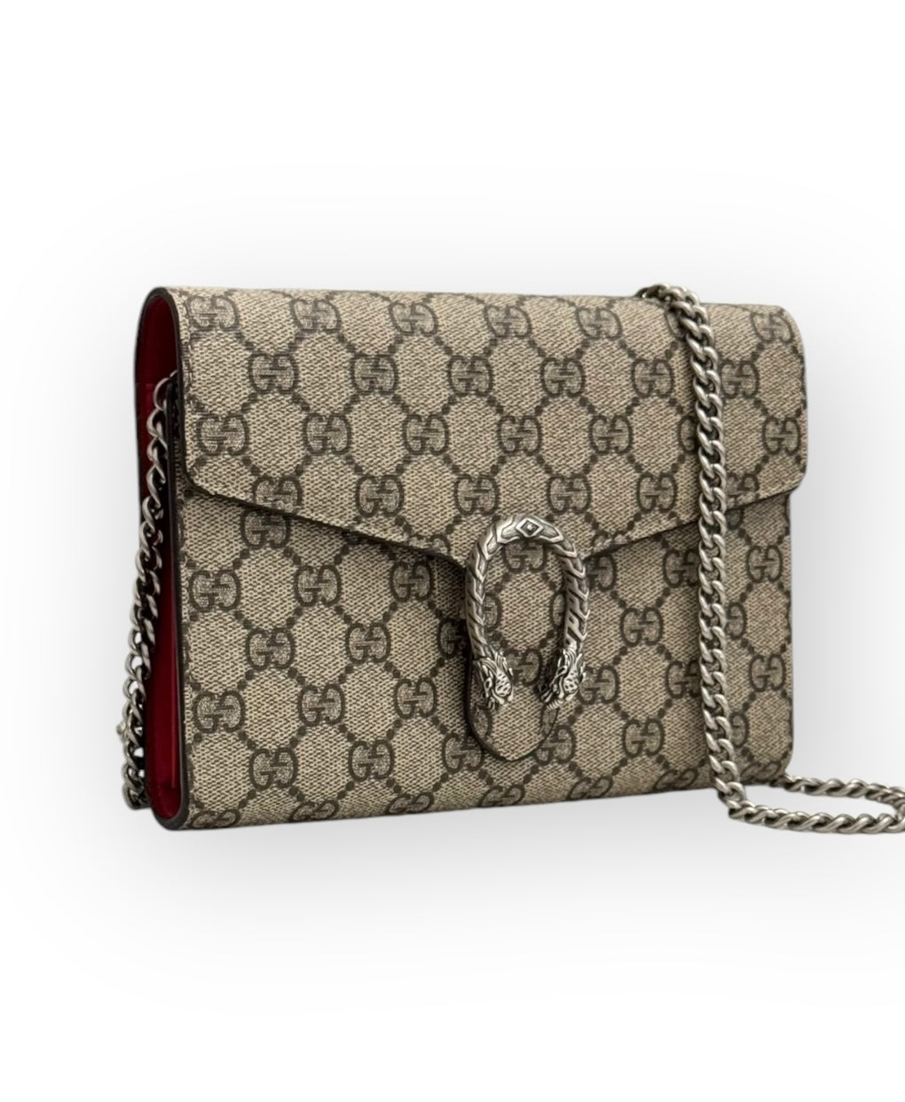 Gucci Dionysus Ebony/Beige GG Supreme Wallet on Chain, Silver-toned Hardware, Red Interior