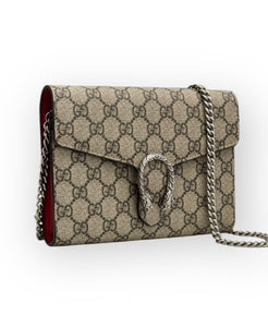 Gucci Dionysus Ebony/Beige GG Supreme Wallet on Chain WOC, Silver-toned Hardware, Red Interior