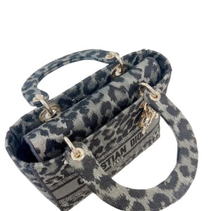 Christian Dior Lady D-Lite Medium Grey and Black Leopard Pattern Mizza Embroidery  Gold-tone Hardware