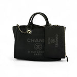 Charger l&#39;image dans la galerie, Chanel Deauville Shopping Tote Small, Black Mixed Fibers, Calfskin &amp; Gold-Tone Metal
