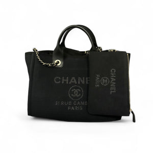 Chanel Deauville Shopping Tote Small, Black Mixed Fibers, Calfskin & Gold-Tone Metal