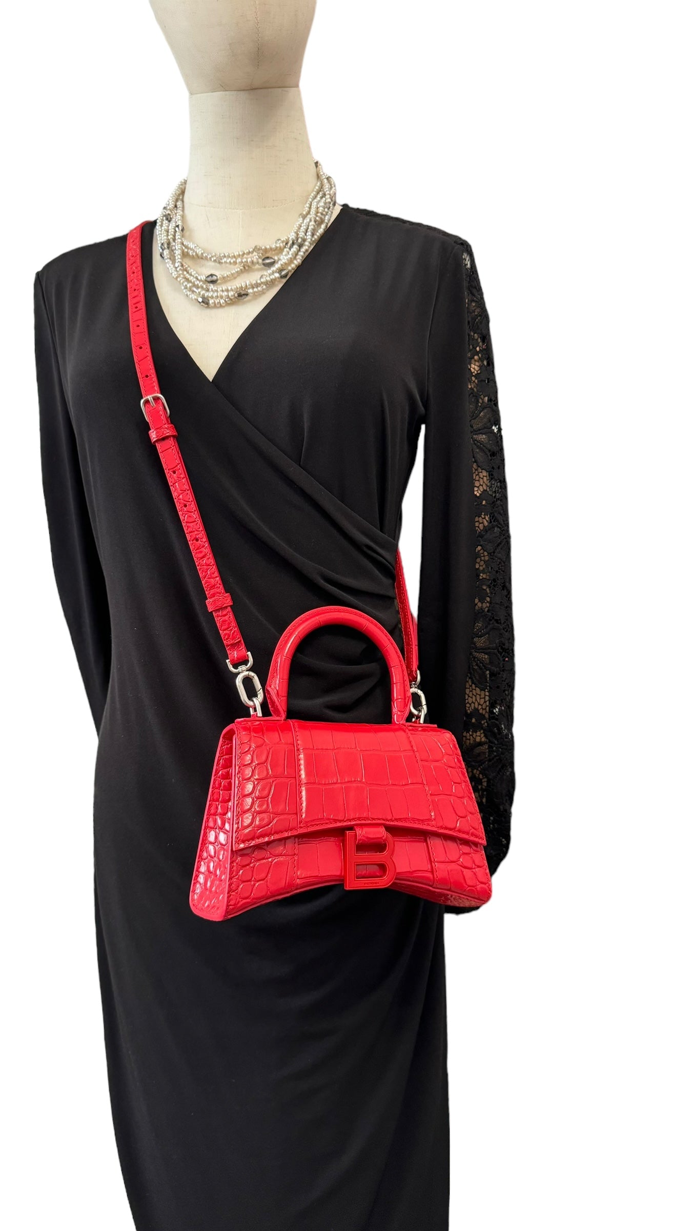 Balenciaga Hourglass XS Handbag,  Lipstick Red Croc-Embossed Calfskin, Red Enamel-plated Hardware