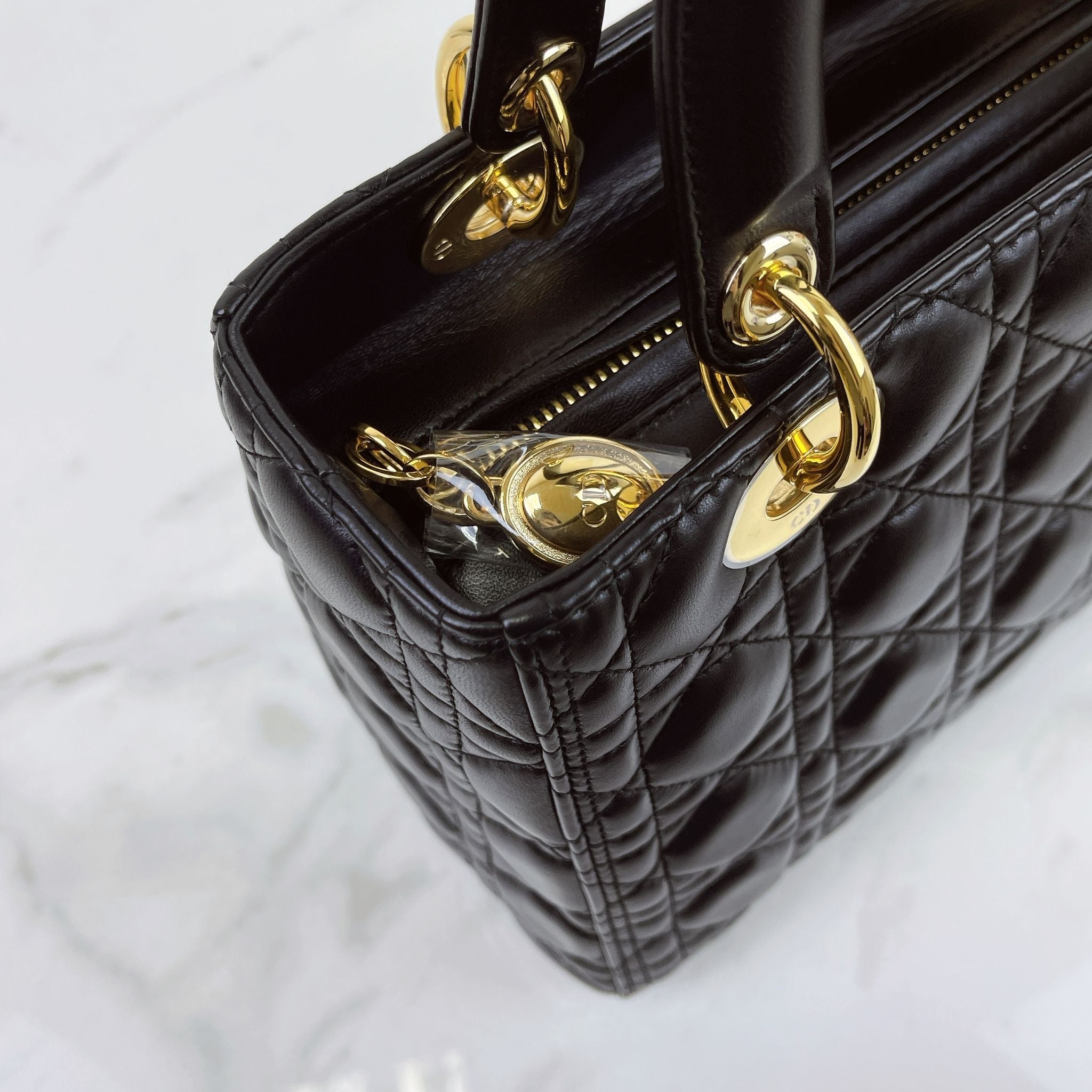 Christian Dior Lady Dior Medium, Black Lambskin Gold-tone Hardware