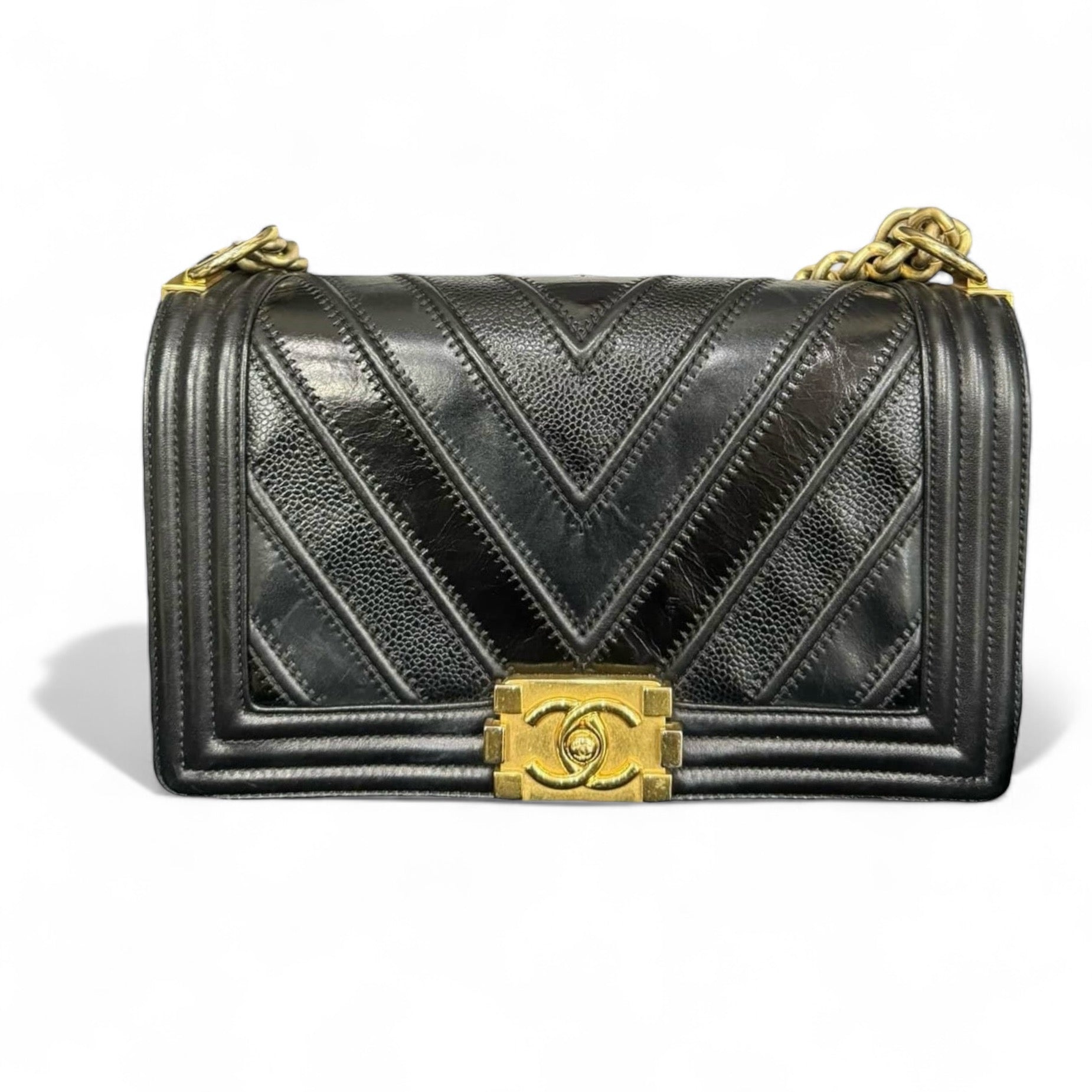 Chanel Leboy Old Medium Mixed Leather Navy Chevron Quilted Gold-tone Hardware