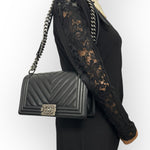 Load image into Gallery viewer, Chanel Leboy Old Medium Black Caviar / Grained Calfskin Leather, Chevron, Ruthenium Hardware
