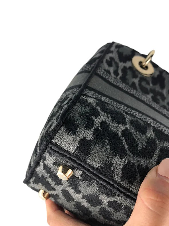 Christian Dior Lady D-Lite Medium Grey and Black Leopard Pattern Mizza Embroidery  Gold-tone Hardware