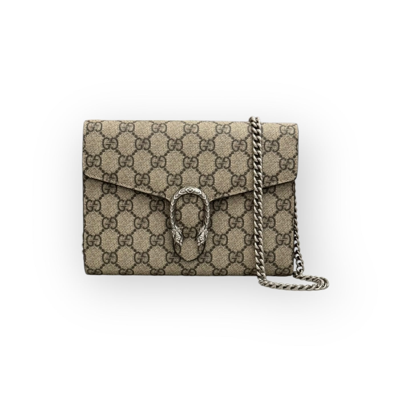 Gucci Dionysus Ebony/Beige GG Supreme Wallet on Chain, Silver-toned Hardware, Red Interior