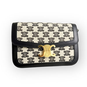 Celine Triomphe Classique/Medium Beige/Ivory Triomphe Canvass, Black Calfskin, Black Lambskin Interior, Gold-tone Hardware