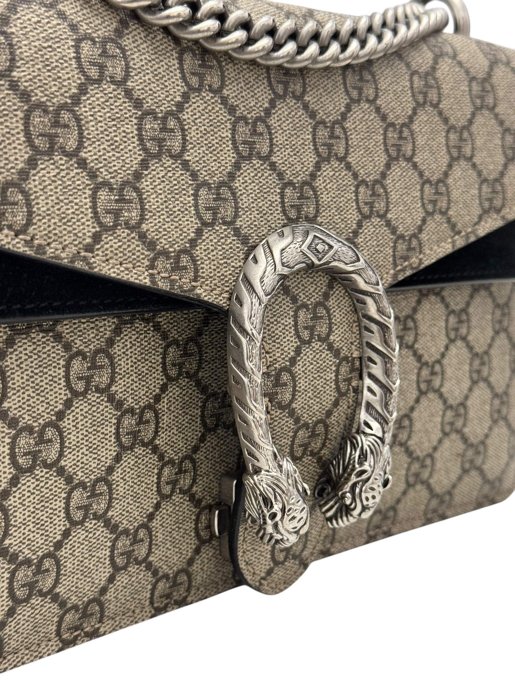 Gucci Dionysus Small, Beige GG Supreme, Black Suede, Crystal and Silver-tone Tiger Head Closure and Hardware