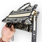 将图片加载到图库查看器，Christian Dior Book Tote Mini, Navy Toile du Jouy Embroidery, Gold-tone Hardware
