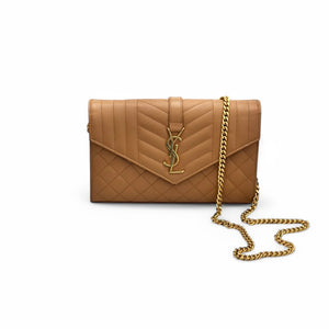 Saint Laurent Envelope Wallet on Chain WOC Triquilt Matelasse Dark Cork/Beige Gold-tone Hardware