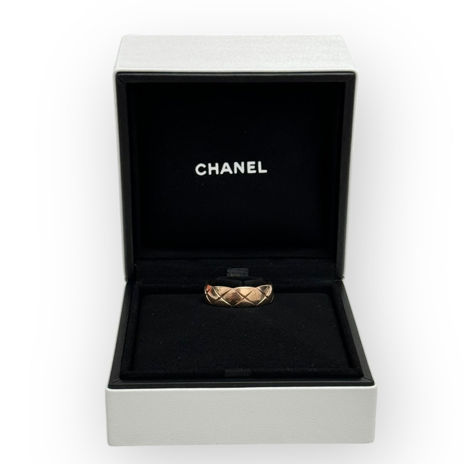 Chanel Coco Crush Quilted Ring, Beige/Pink Gold
Size 58EU/8.5US, Small (Middle) Version