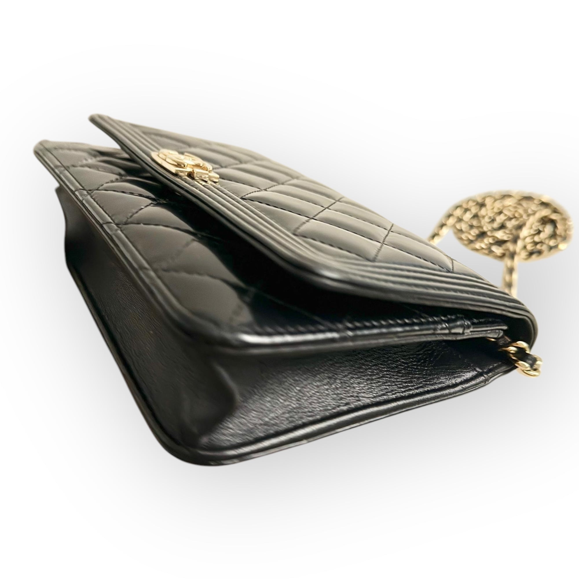 Chanel Classic Leboy Wallet on Chain, Black Diamond Quilted Patent Leather, Gold-tone Hardware