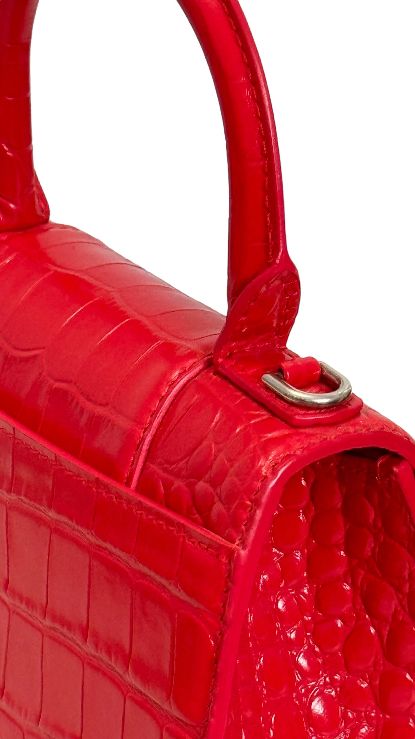 Balenciaga Hourglass XS Handbag,  Lipstick Red Croc-Embossed Calfskin, Red Enamel-plated Hardware