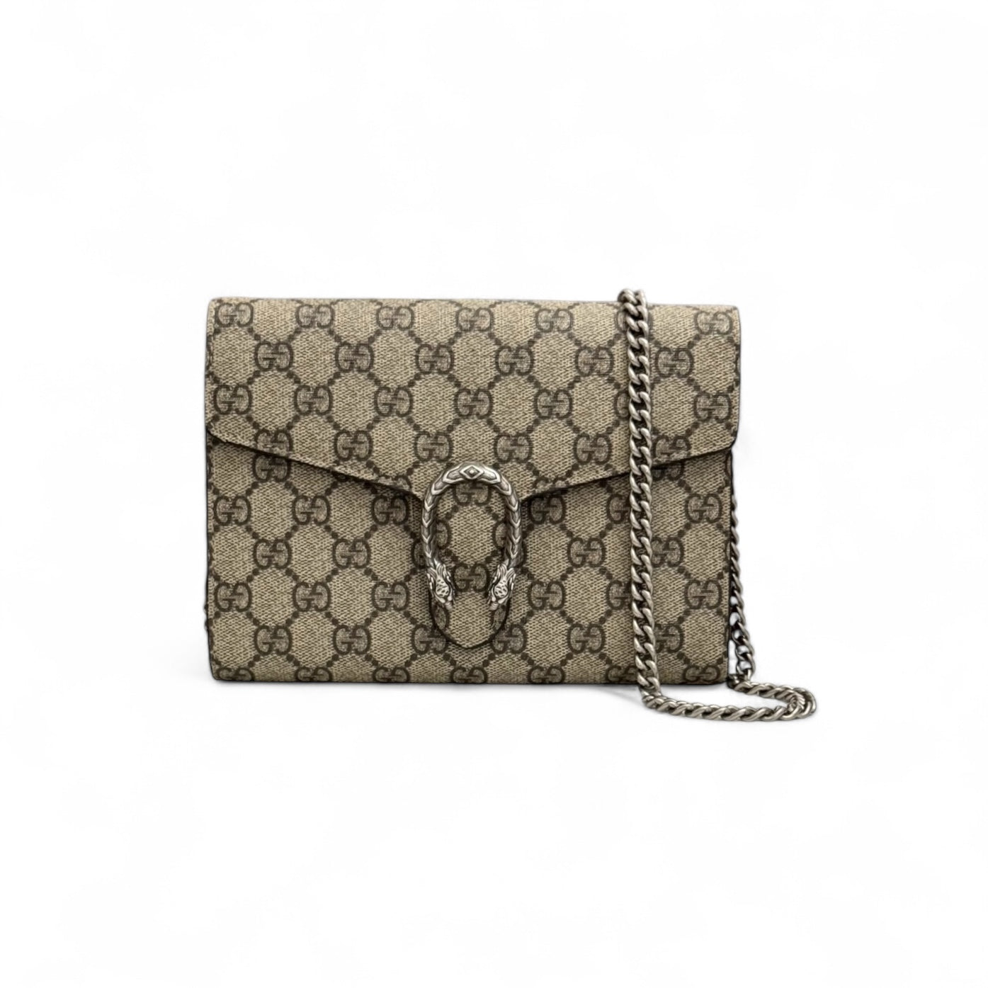 Gucci Dionysus Ebony/Beige GG Supreme Wallet on Chain, Silver-toned Hardware, Red Interior