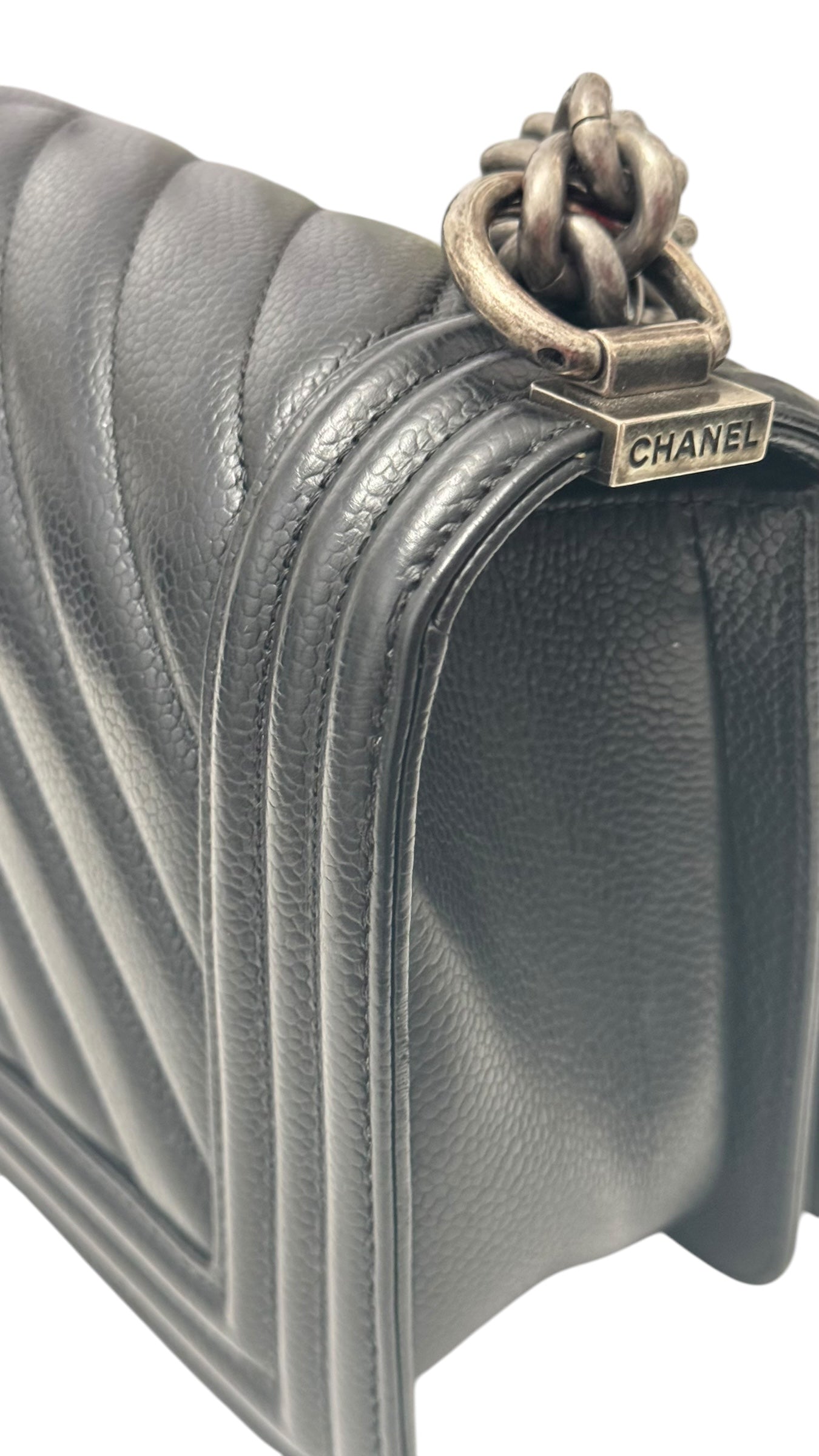 Chanel Leboy Old Medium Black Caviar / Grained Calfskin Leather, Chevron, Ruthenium Hardware