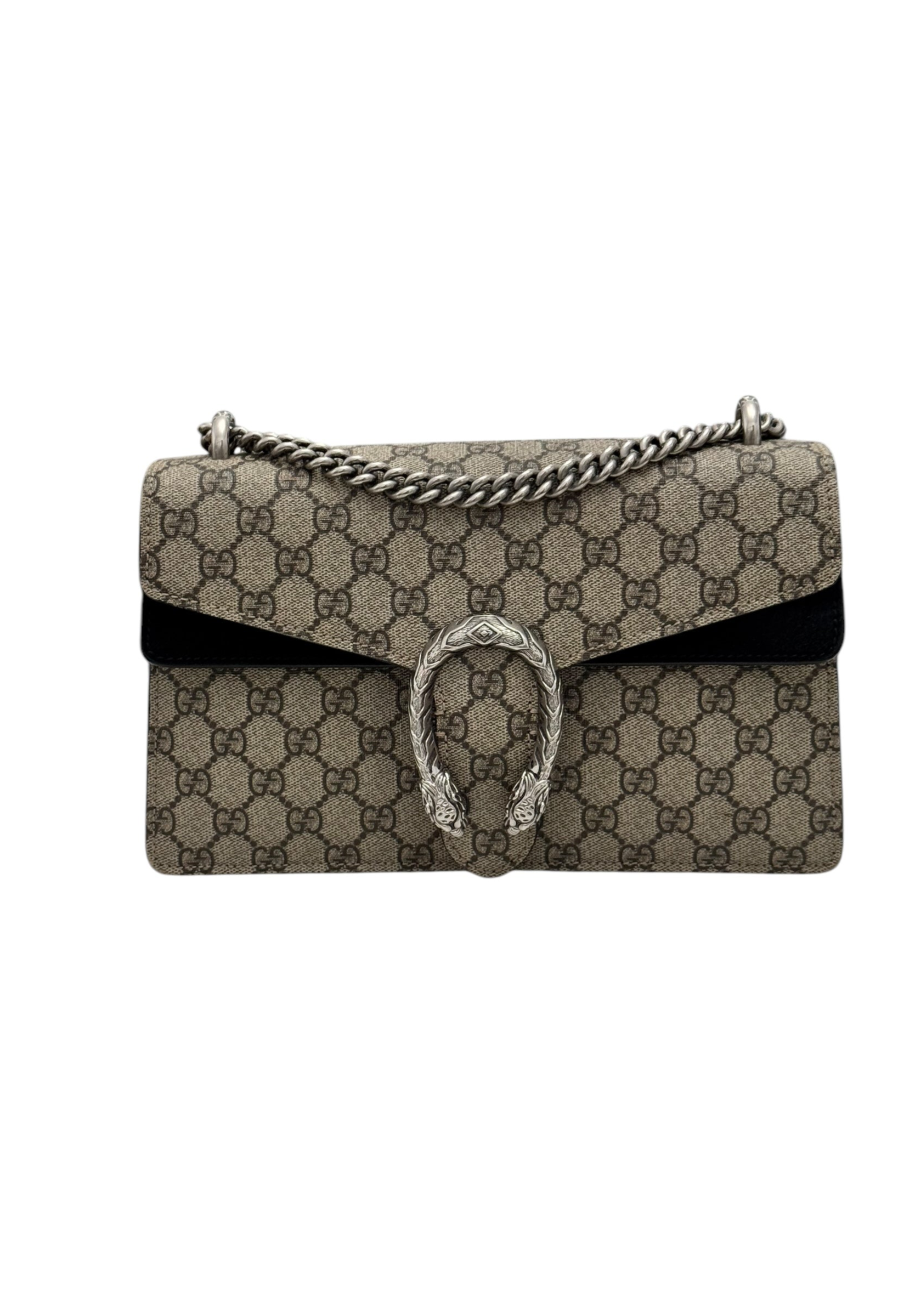 Gucci Dionysus Small, Beige GG Supreme, Black Suede, Crystal and Silver-tone Tiger Head Closure and Hardware