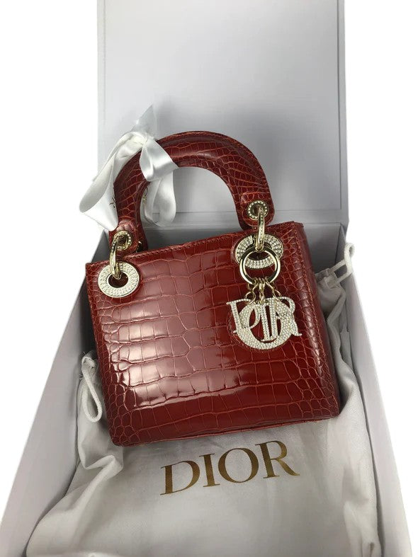 Christian Dior Lady Dior Mini Exotic Crocodile Leather Crystal and Gold Hardware