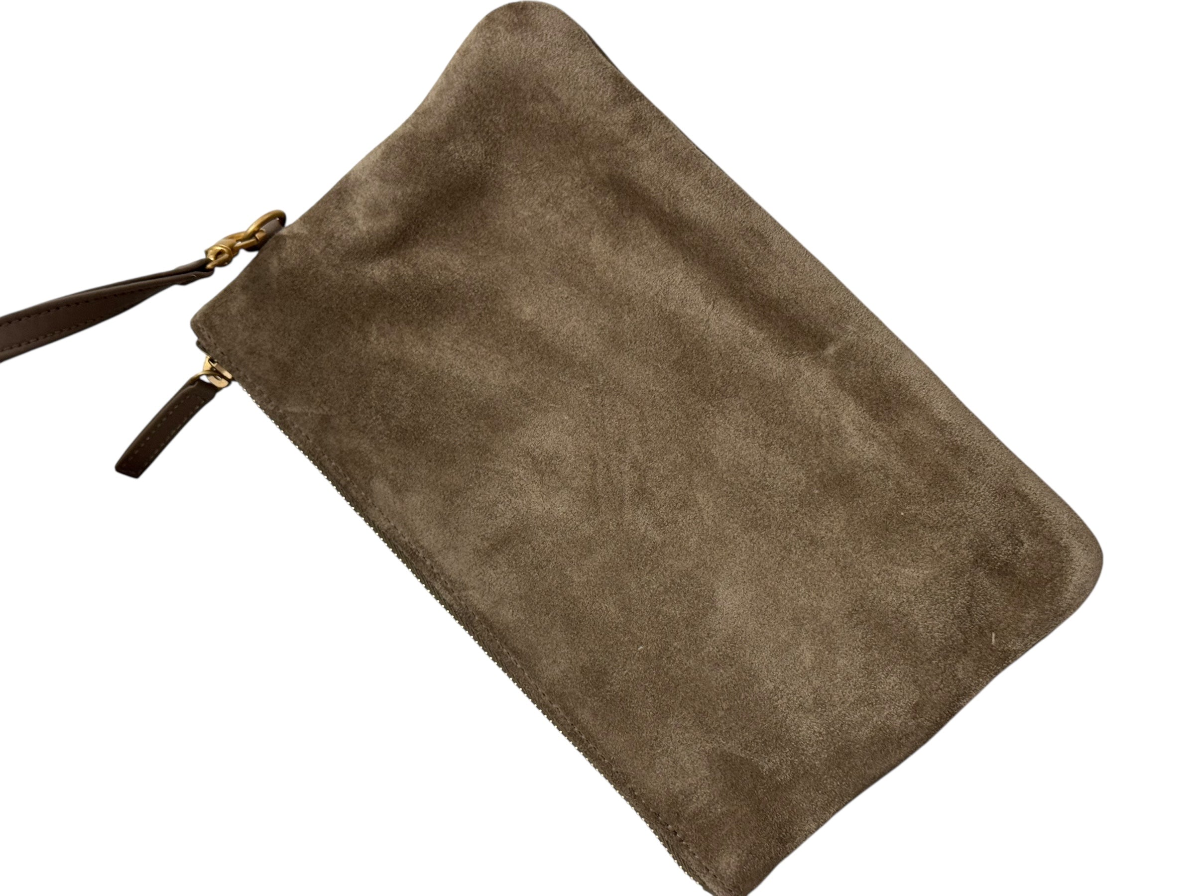 Brown suede pouch with a strap on a white background