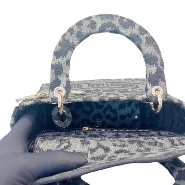 Christian Dior Lady D-Lite Medium Grey and Black Leopard Pattern Mizza Embroidery  Gold-tone Hardware