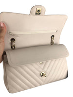 Load image into Gallery viewer, Chanel Timeless Classic Medium M/L Double Flap Ivory Chevron Caviar Gold Hardware
