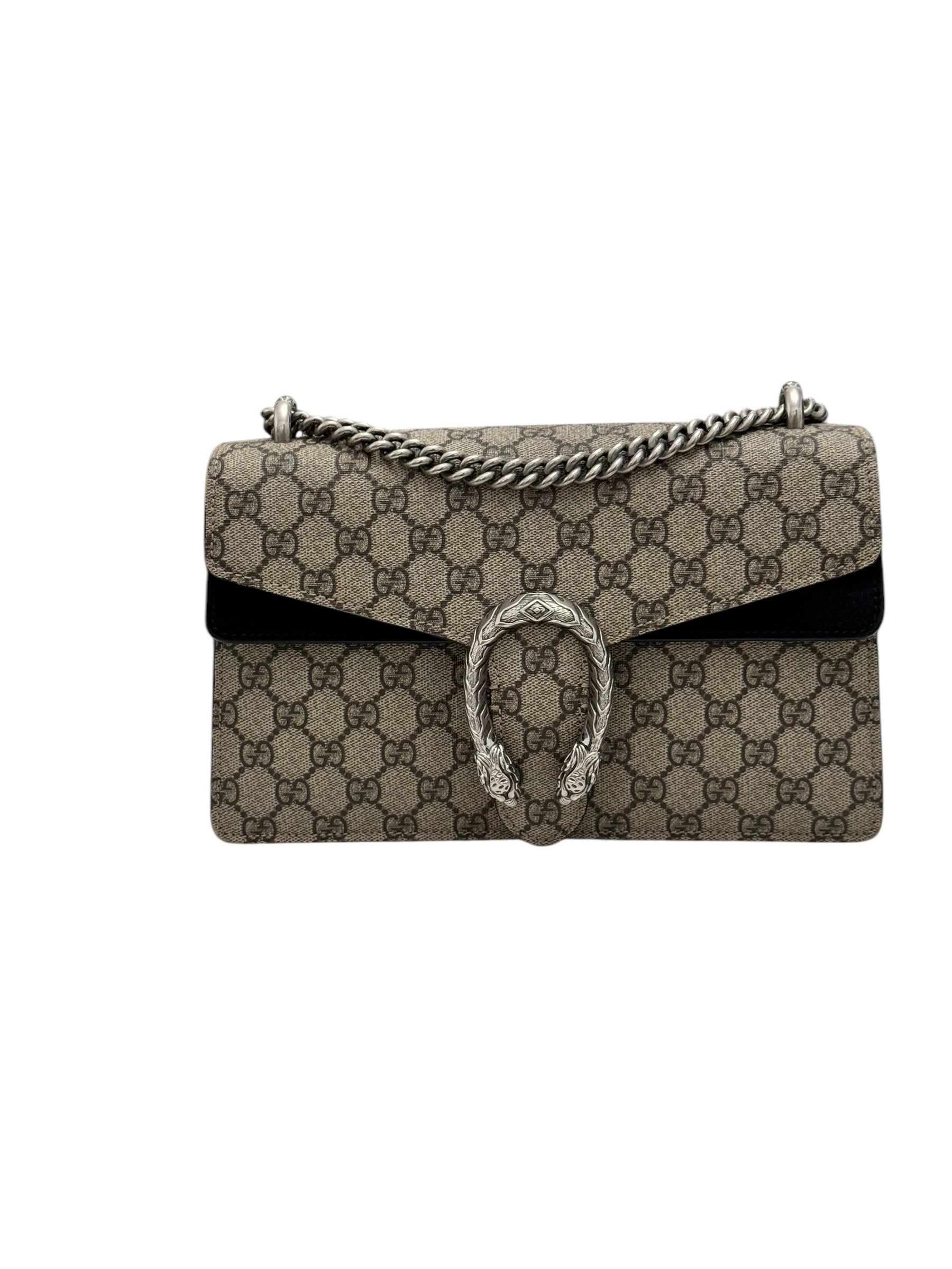 Gucci Dionysus Small, Beige GG Supreme, Black Suede, Crystal and Silver-tone Tiger Head Closure and Hardware