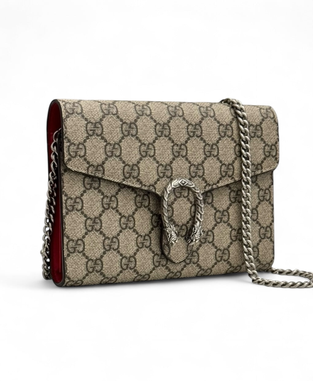 Gucci Dionysus Ebony/Beige GG Supreme Wallet on Chain WOC, Silver-toned Hardware, Red Interior